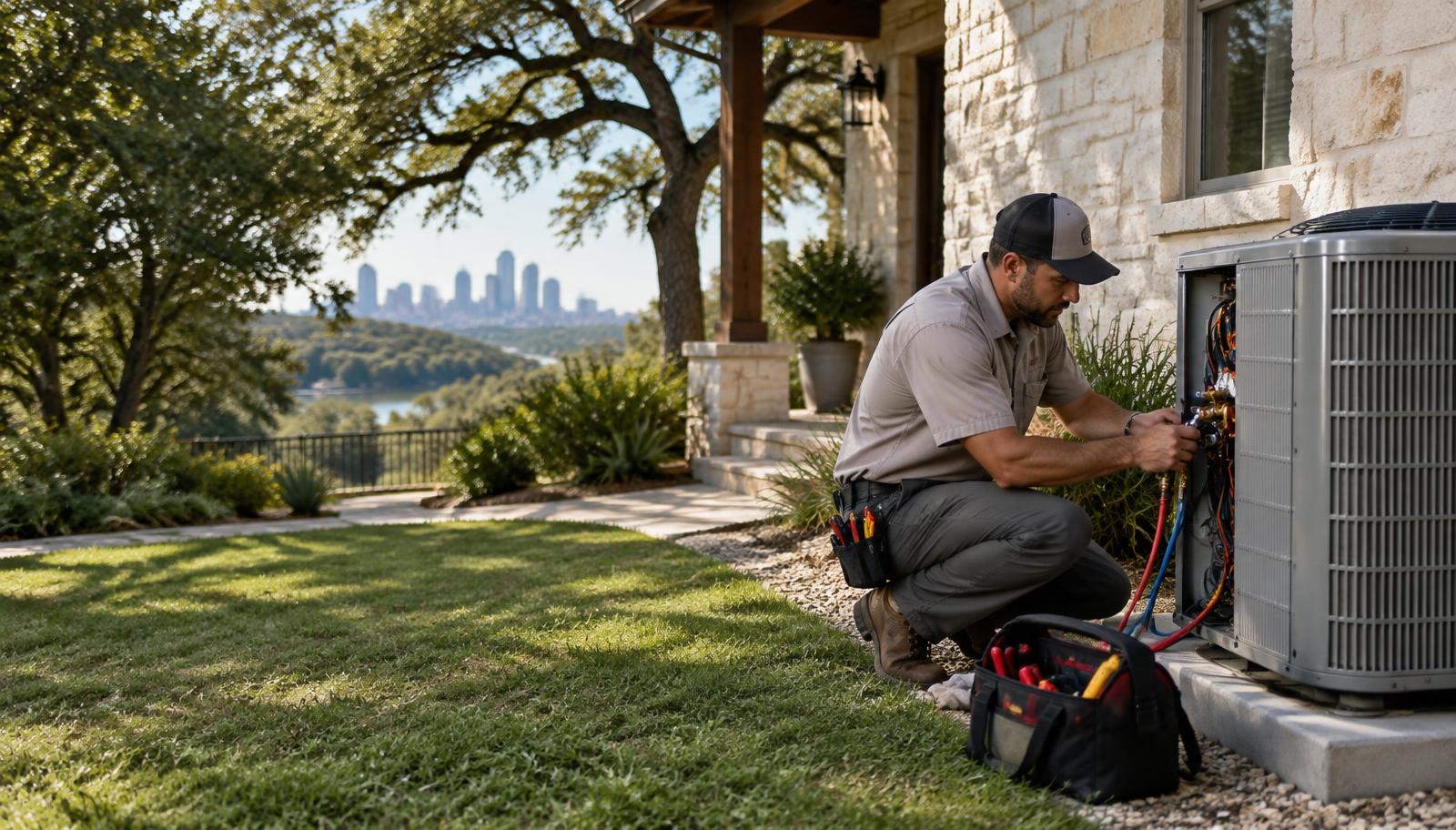 An HVAC professional servicing a Houston home